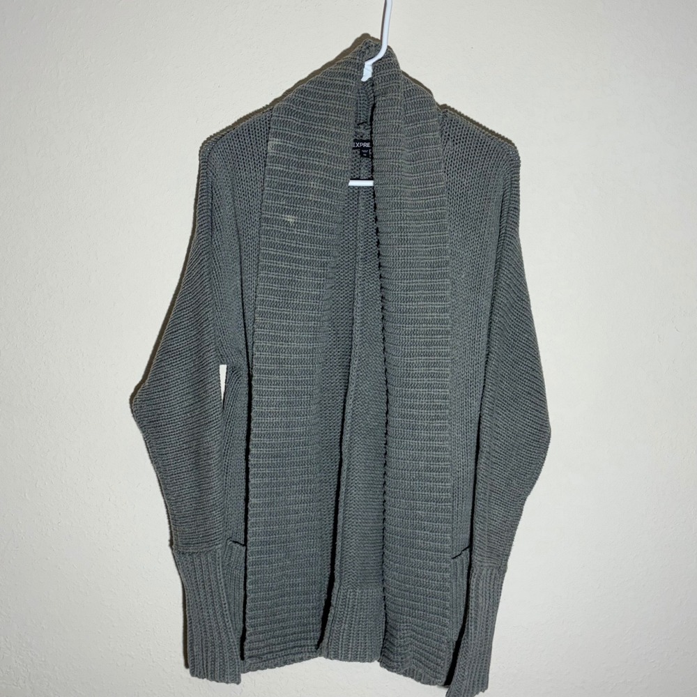 Express Gray Knit Open Front Cardigan Long Sleeve Pockets Cotton Acrylic Medium
